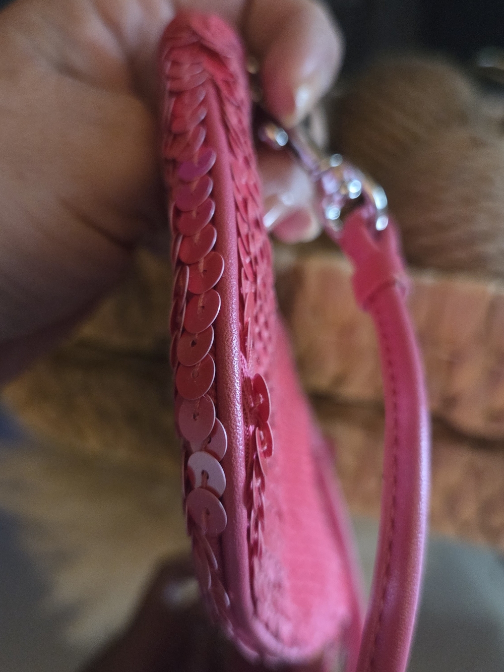Coach Pink Sequin Wristlet w/ Matching Beaded Mini Bag Charm Bundle - Picture 9 of 17